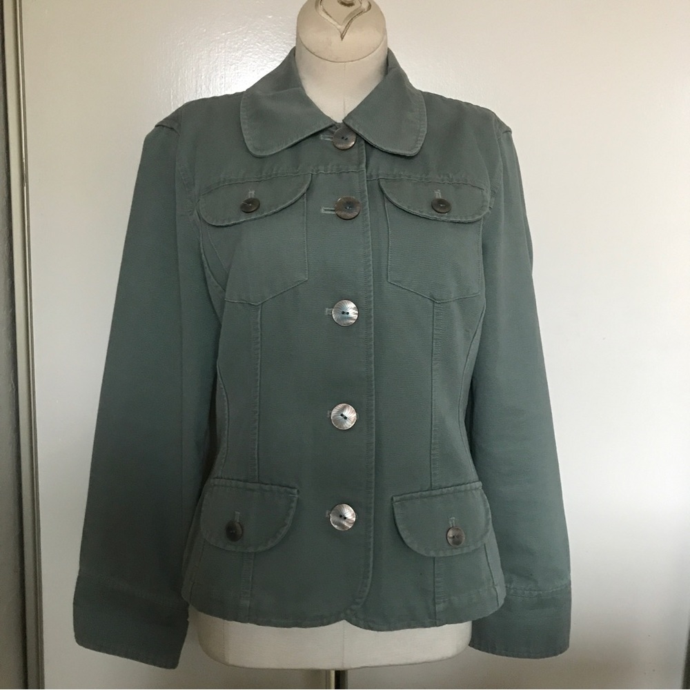 J. Jill Cotton Safari Utility Jacket Sea Glass Green Mother of Pearl XS